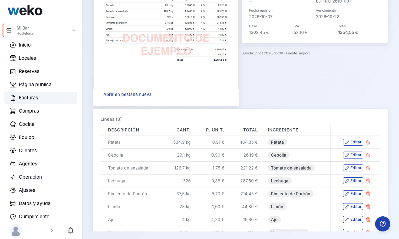 Captura de Weko: registro automático de una factura de proveedor.
