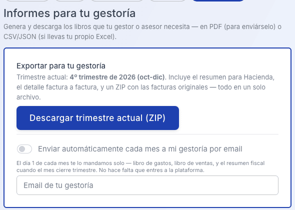 Captura de Weko: zona de informes para tu gestoría con la descarga del trimestre en ZIP.