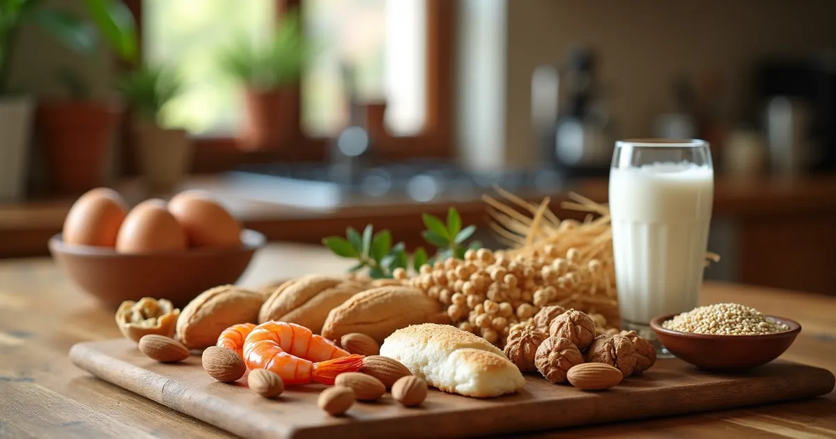 Huevos, frutos secos, leche, trigo, gambas y otros alérgenos habituales sobre una tabla de madera en una cocina