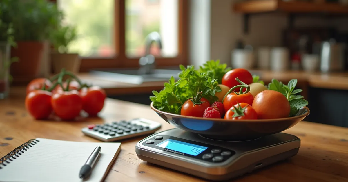 Tomates y hierbas frescas en un cuenco sobre una báscula de cocina, con calculadora y libreta al lado