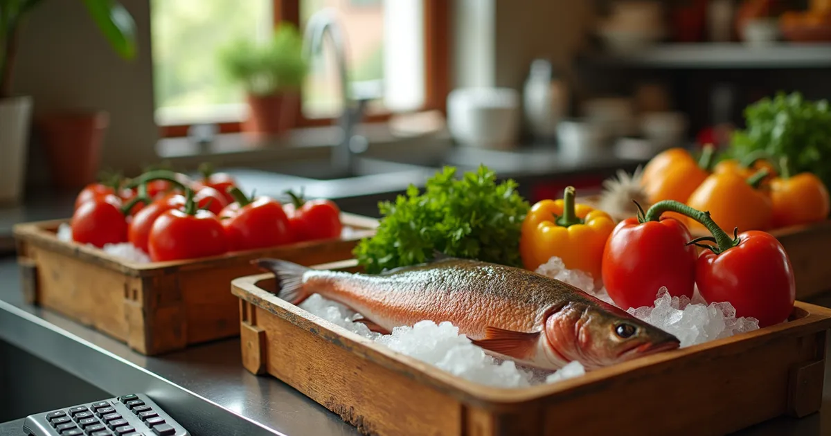 Cajas de madera con pescado sobre hielo, tomates y pimientos frescos en la encimera de una cocina de restaurante
