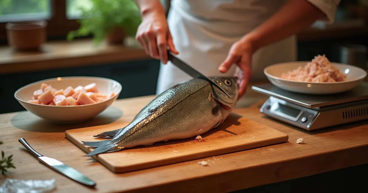 Manos limpiando un pescado entero sobre una tabla de madera junto a una báscula y un cuenco de recortes