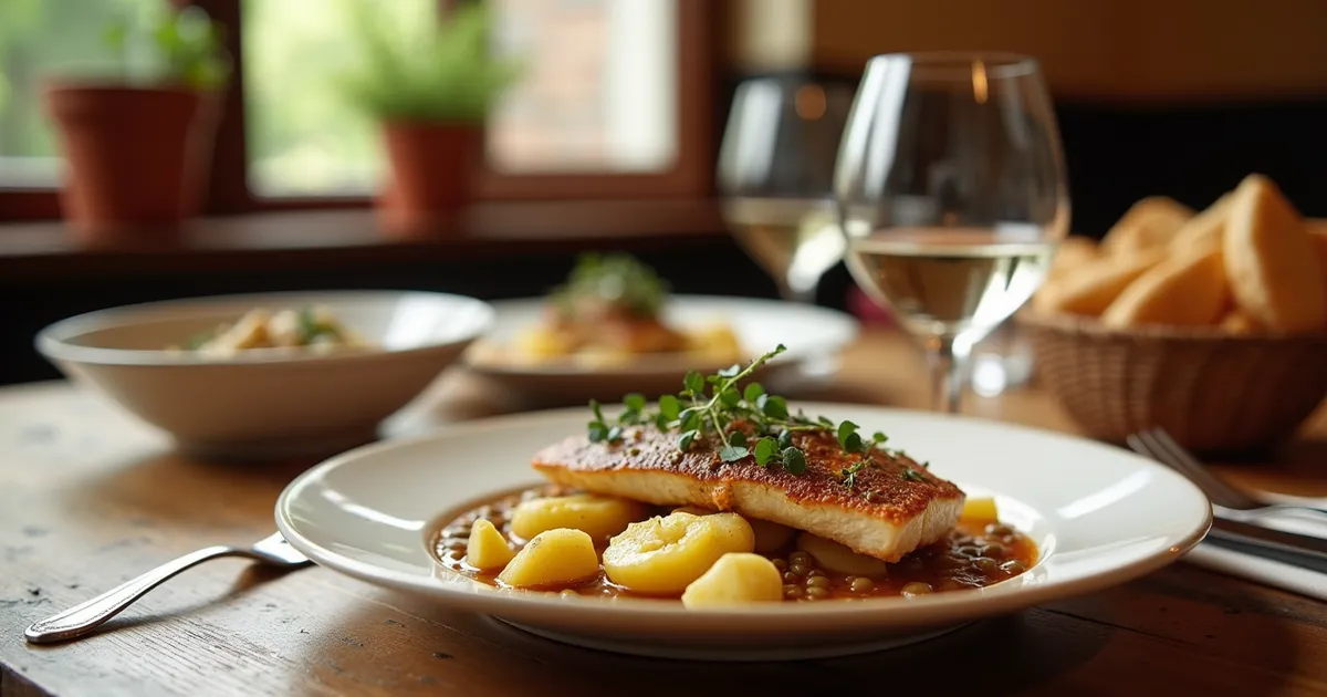 Plato de pescado con patatas y lentejas, copas y cesta de pan sobre una mesa de madera en un restaurante