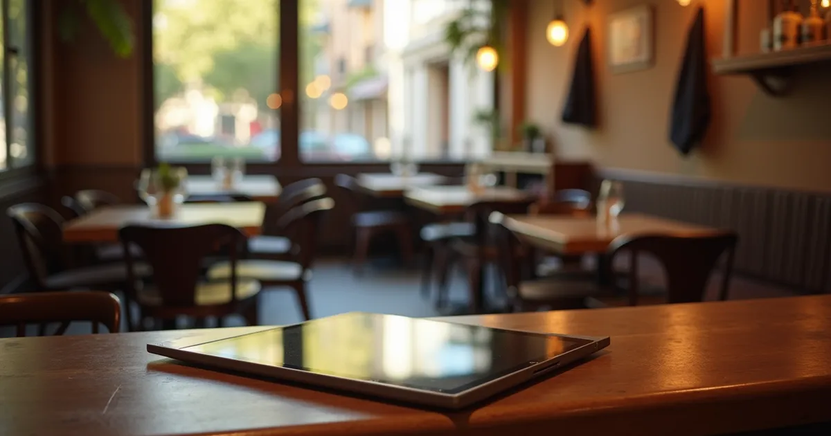 Tablet sobre la barra de un bar vacío al abrir, con las mesas y sillas del local al fondo y luz de calle