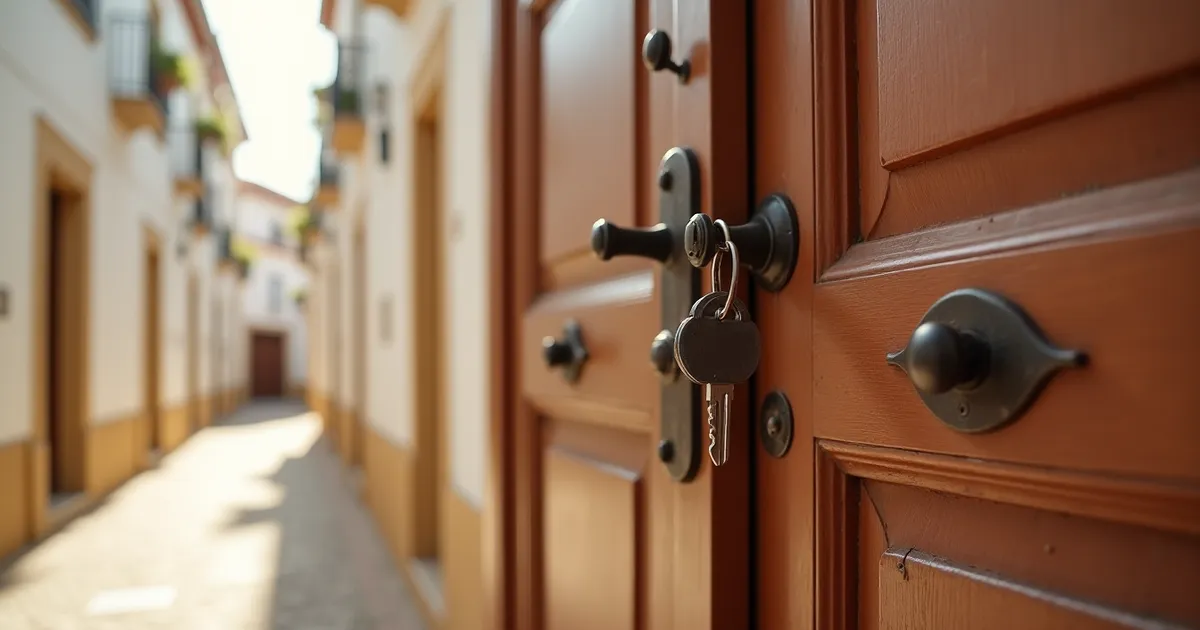 Llaves puestas en la cerradura de una puerta de madera en una calle estrecha de casas blancas