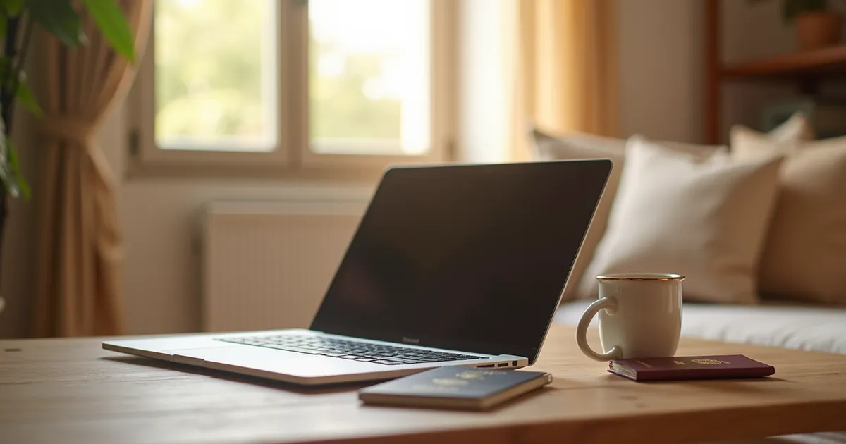 Portátil, taza y pasaportes sobre una mesa de madera en el salón luminoso de un apartamento turístico