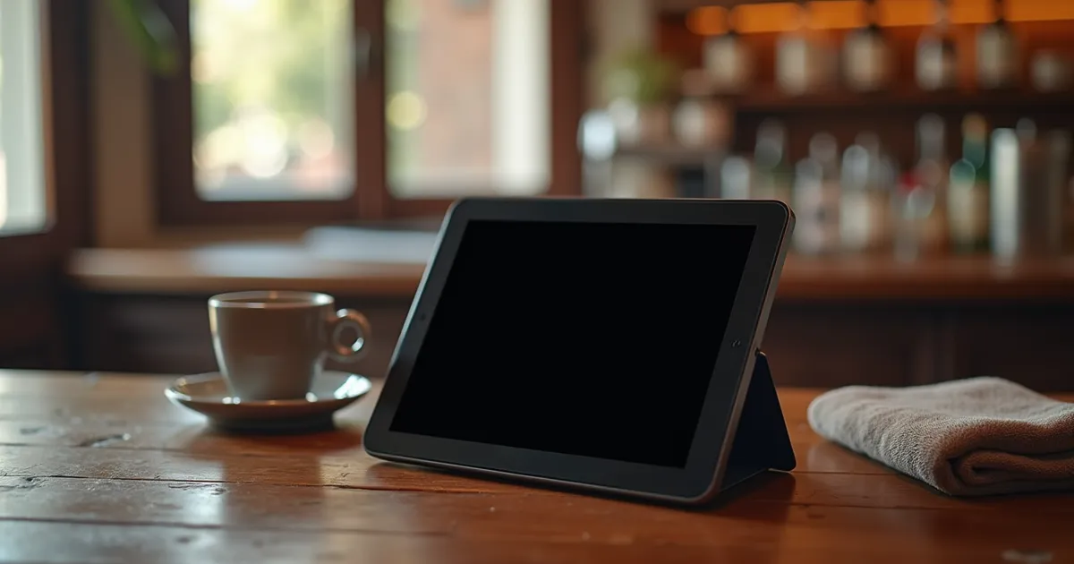 Tablet de cobro con la pantalla apagada sobre la barra de madera de un bar vacío por la mañana, junto a una taza de café y un paño, con las botellas desenfocadas al fondo