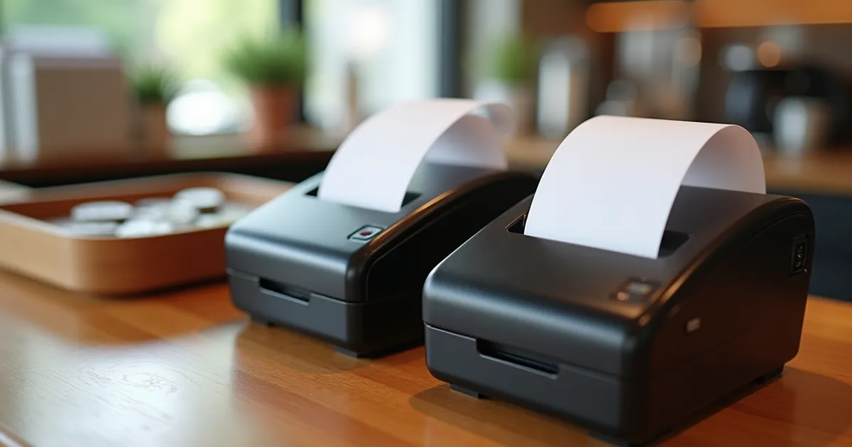 Dos impresoras de tickets negras, una junto a la otra, sobre un mostrador de madera de un restaurante, con un papel en blanco asomando de cada una y una bandeja con monedas al fondo