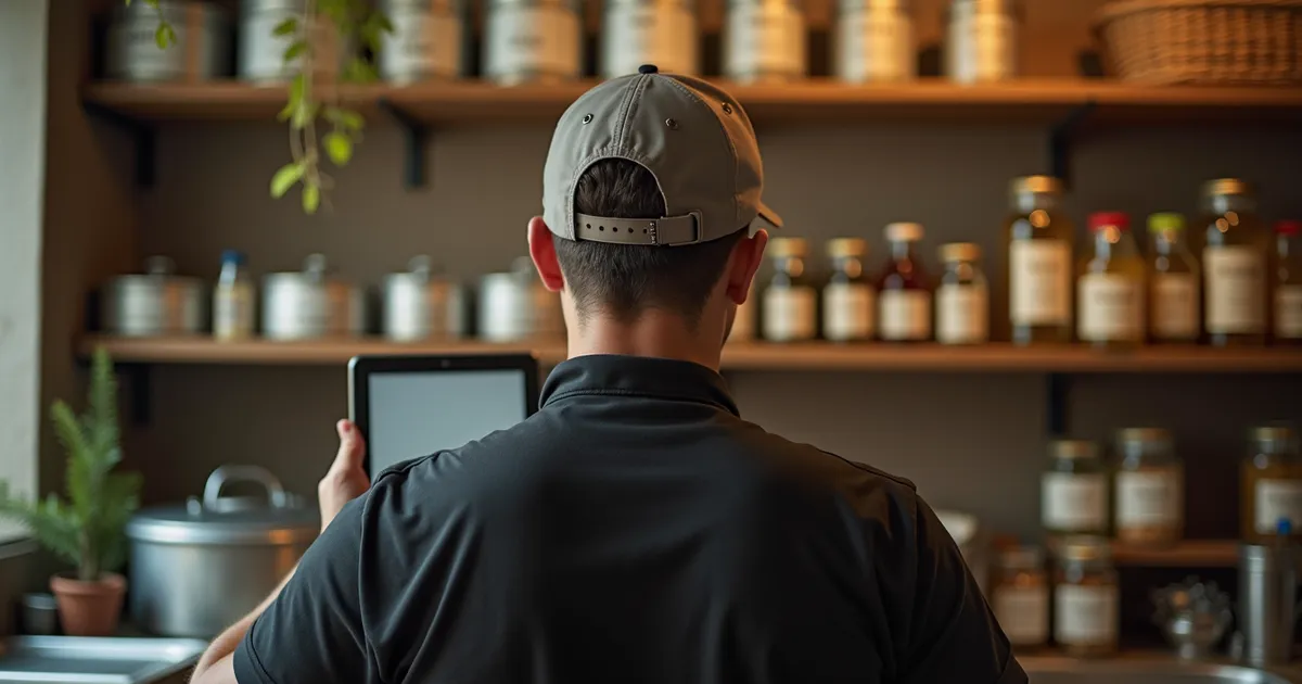 Responsable de cocina de espaldas, con gorra, mirando una tablet frente a las estanterías de un almacén de restaurante