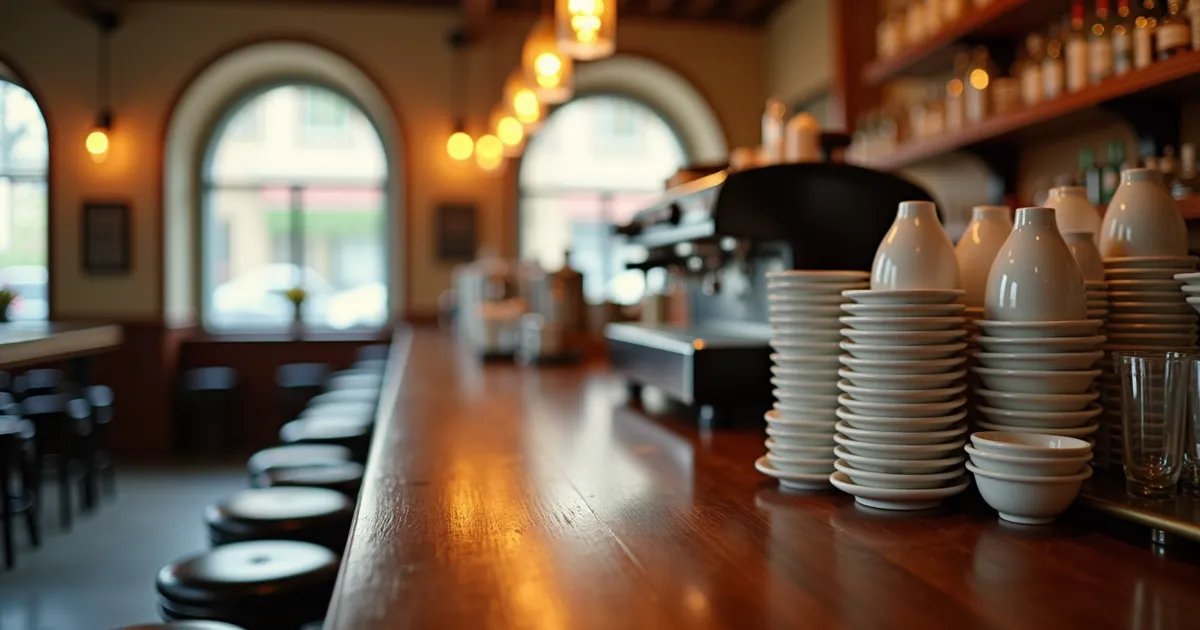 Barra de madera de un bar con cafetera, pilas de tazas y taburetes, bajo lámparas cálidas y ventanales con arco
