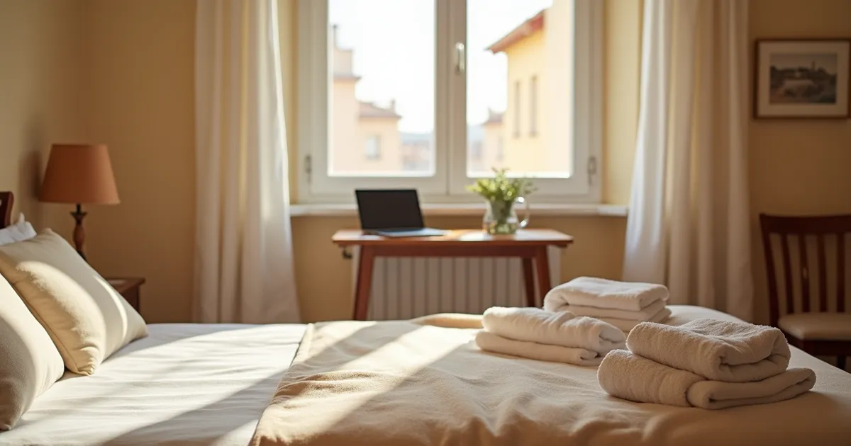 Dormitorio luminoso de un alquiler vacacional con la cama hecha, toallas dobladas y un portátil junto a la ventana