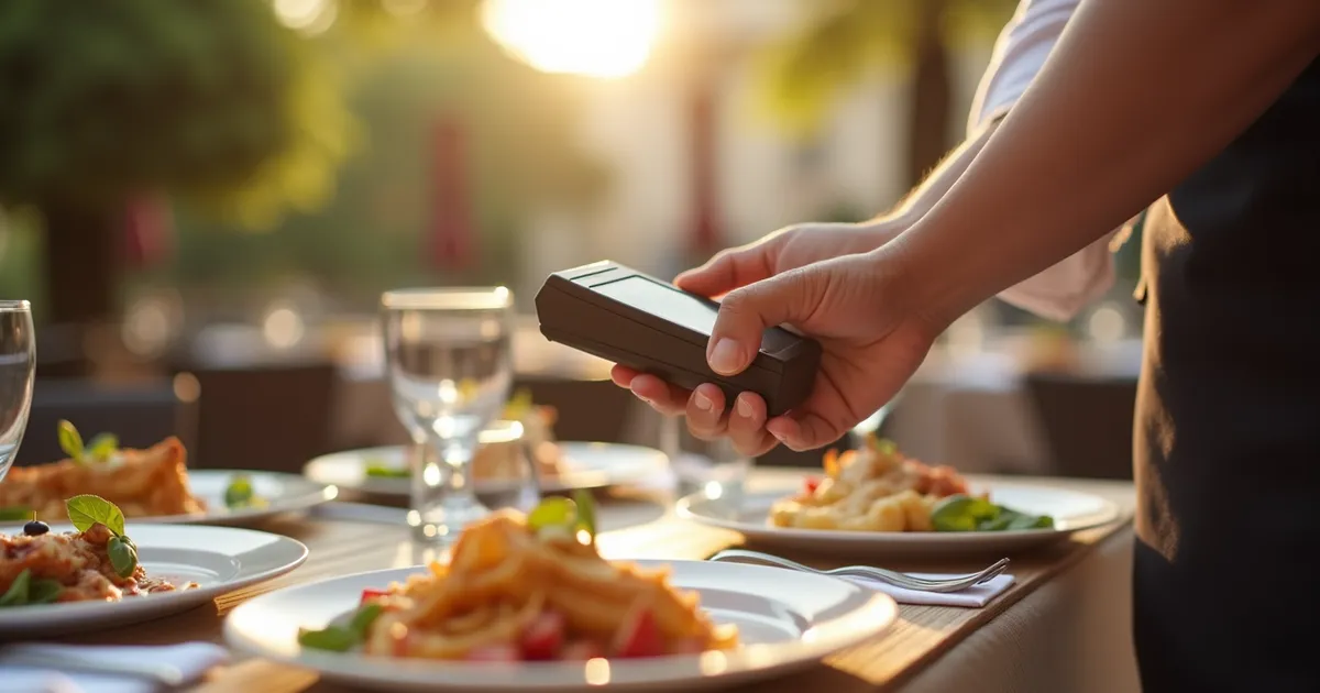 Mano de camarero con un dispositivo de pedidos en una mesa de terraza con platos servidos al atardecer