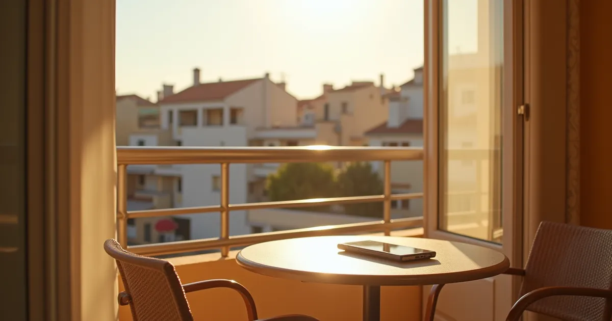 Mesa y dos sillas en el balcón de un apartamento turístico con un móvil sobre la mesa y tejados al fondo