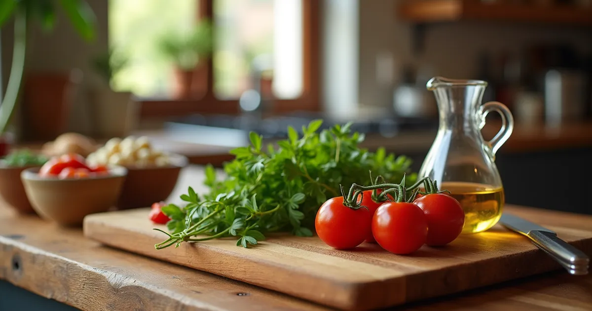 Tabla de madera con tomates, hierbas frescas, una jarrita de aceite y un cuchillo en la cocina de un restaurante