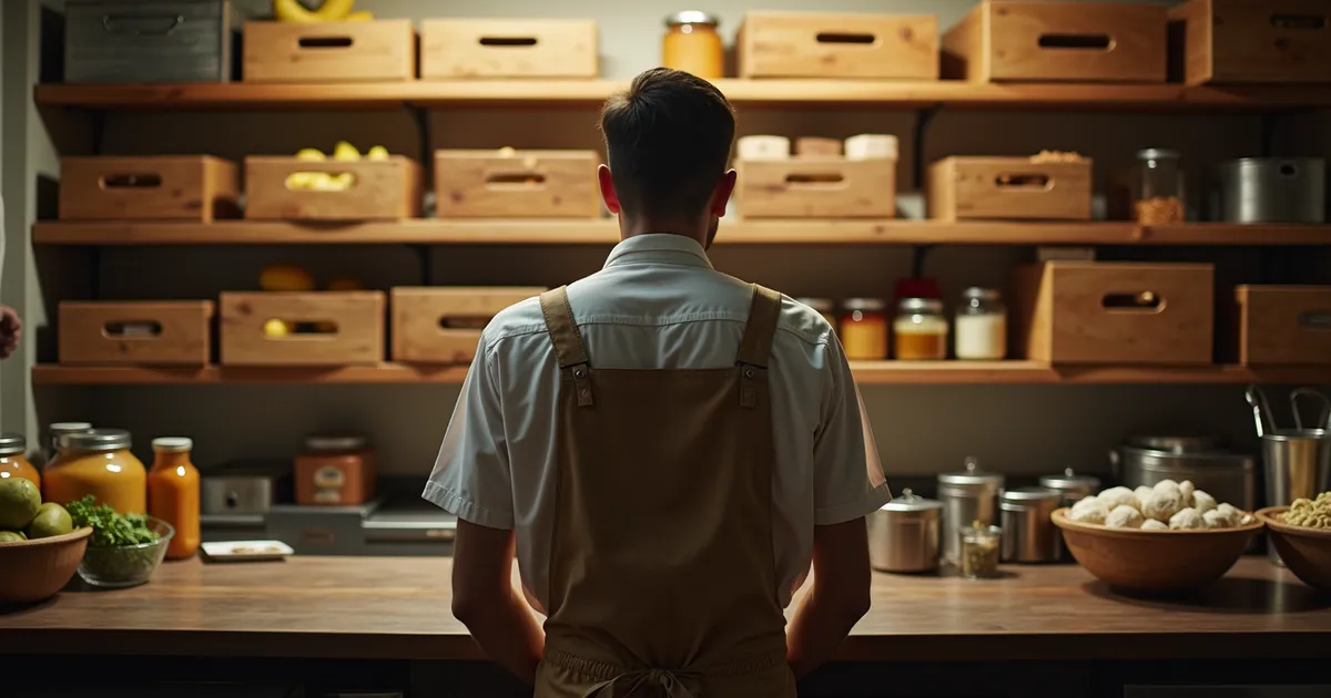 Cocinero de espaldas con delantal ante las estanterías de una despensa con cajas de madera, tarros y fruta